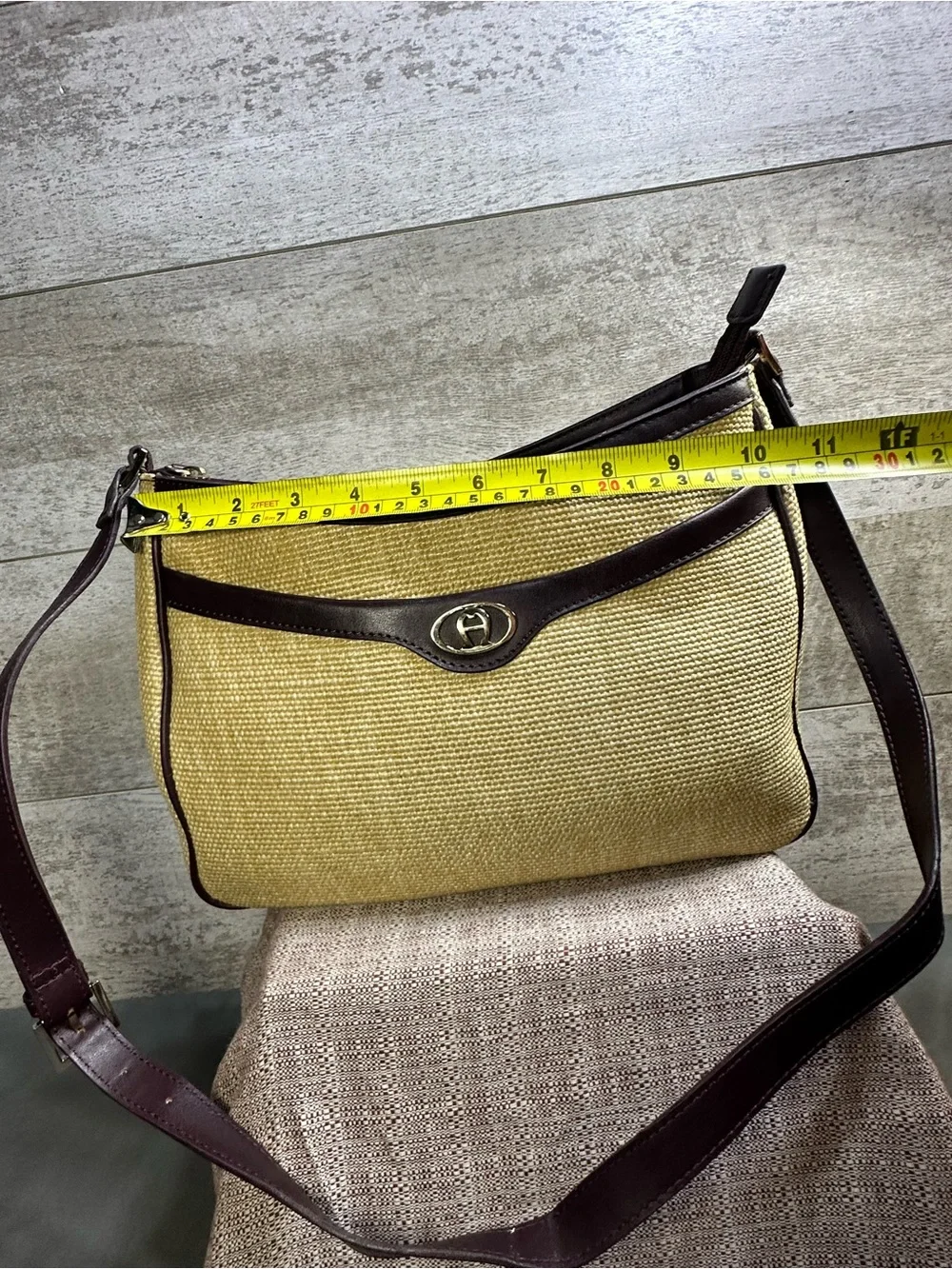 VTG Etienne Aigner Light Tan Woven Fabric & Brown Leather Shoulder Bag Purse